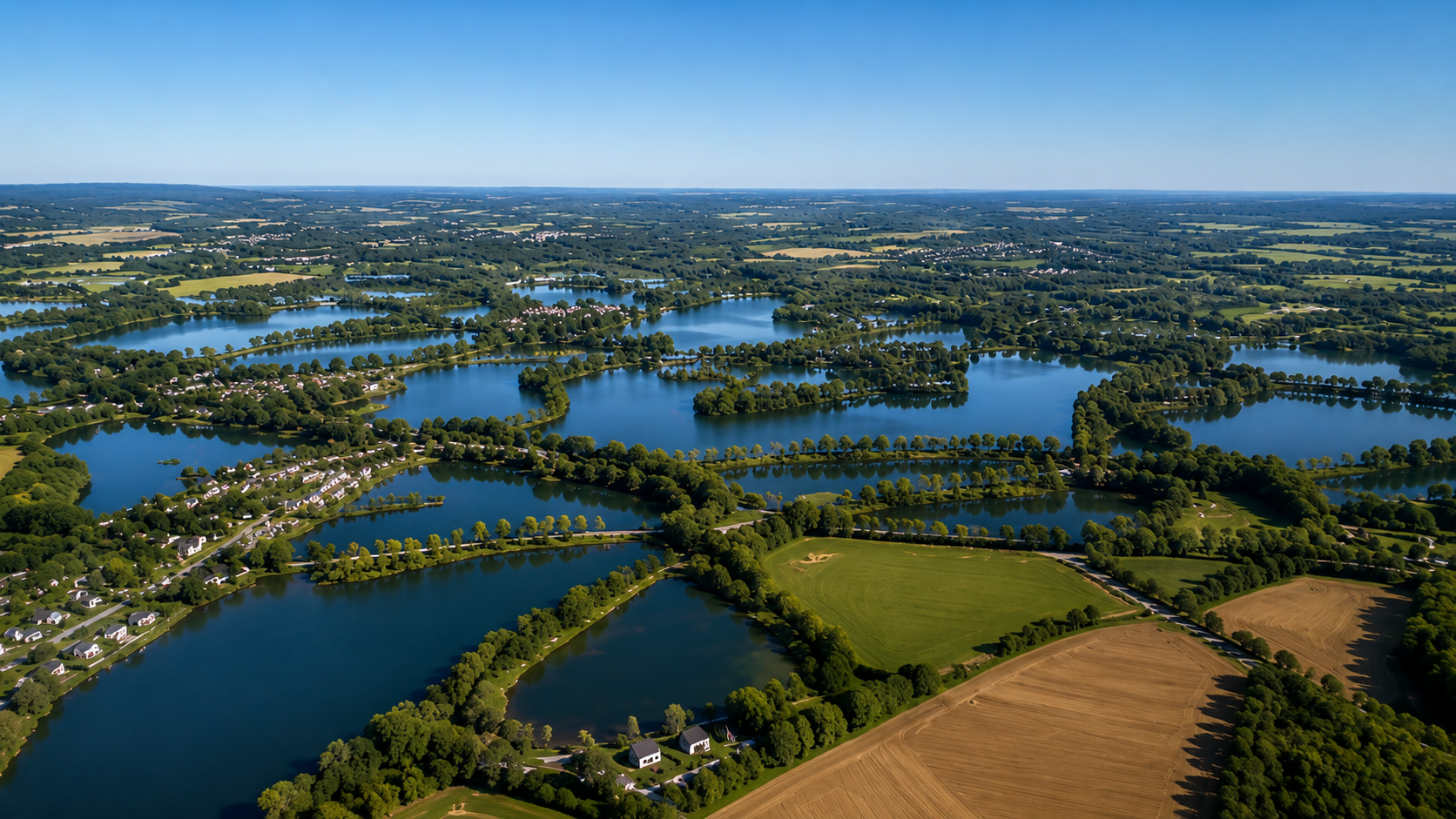 Aerial view of the Cotswold Water Park lakes near South Cerney